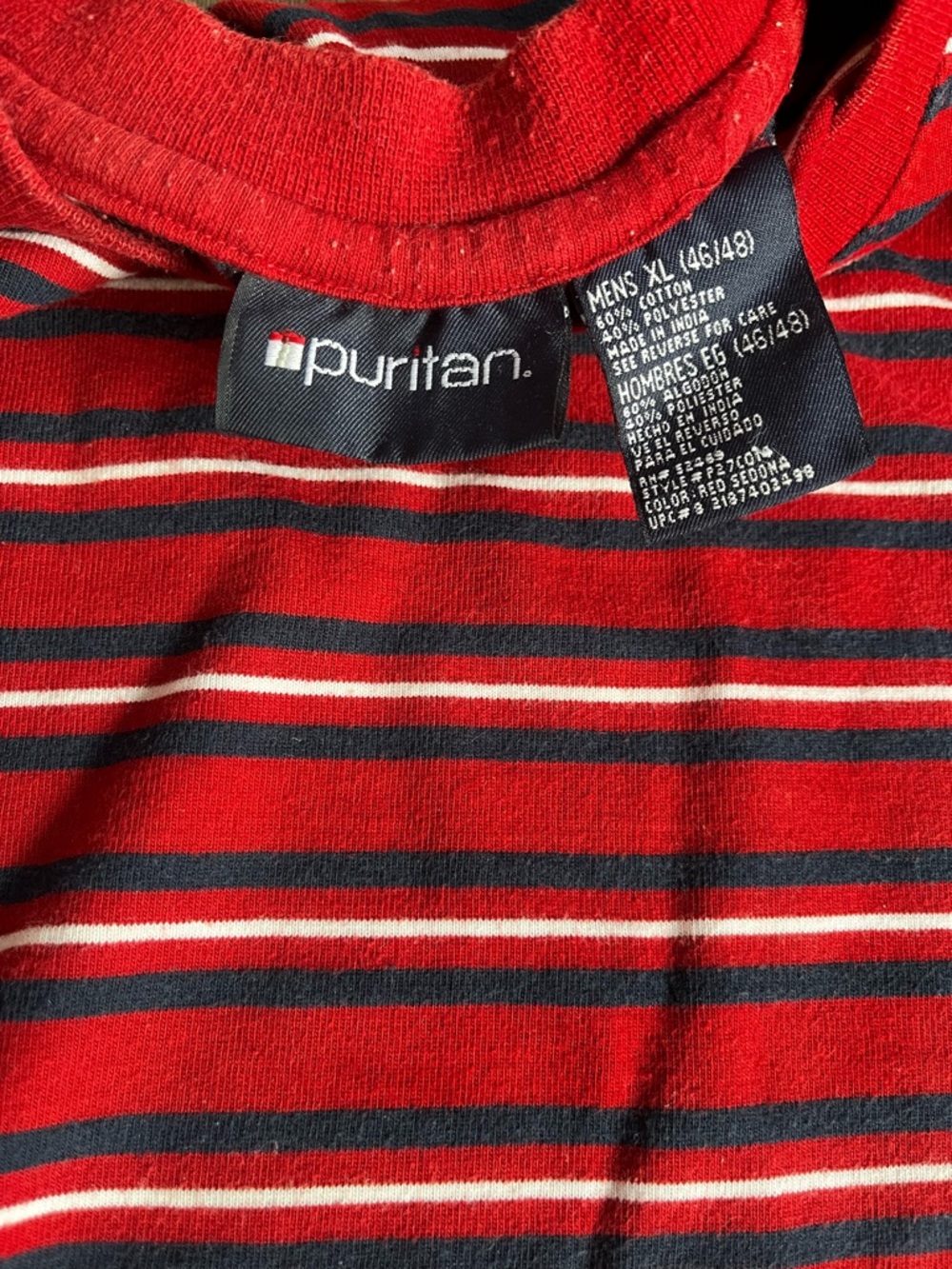 Men's Vintage y2k Puritan brand Red Striped Crewneck Shirt - Classic Casual Tee - Picture 2 of 2